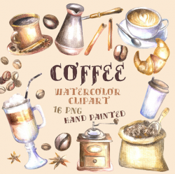 Watercolor coffee clipart, Coffee Mug, coffee beans, Cappuccino ...