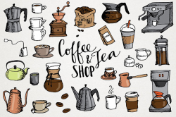 Coffee & Tea Clip Art - hand drawn clipart, cross hatch sketched ...