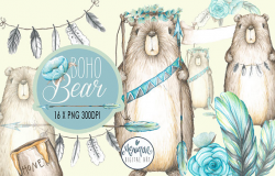 Woodland Bear clipart, Boho bear watercolor, cute bear, hand painted ...