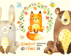 Woodland Friends. Watercolor animals clipart forest bear