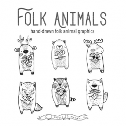 Folk Clipart Animals, Heart Clipart Vector Graphics, Deer Bear Moose ...