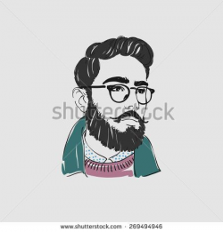 Handsome arabian young man with long hair, beard and glasses. Vector ...