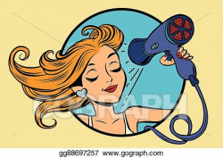 EPS Vector - Beautiful girl drying her hair with hairdryer. Stock ...