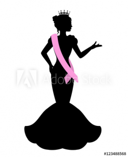 silhouette of a beauty queen in the crown, ribbon and evening dress ...