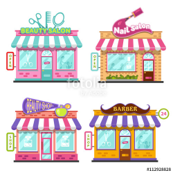Set of different nice shops with beautiful signboards: beauty salon ...