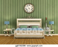 Drawing - Vintage bedroom with green wall paneling. Clipart Drawing ...