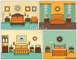 Bedroom interior. Hotel room with bed. Vector. Linear illustration ...