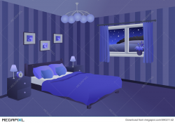 Modern Bedroom Night Blue Black Bed Pillows Lamps Window ...