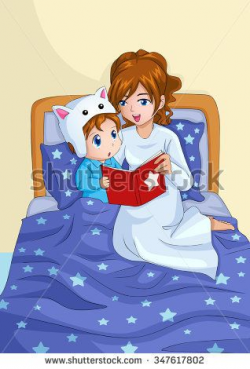 Cartoon illustration of a mother storytelling for her child before ...