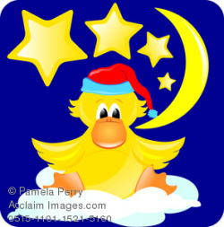 Clip Art Image of a Baby Duck Wearing a Nightcap With the Moon and Stars