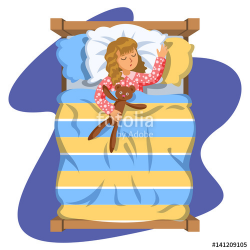 Girl sleep bedtime in his bedroom bed with teddy bear ...