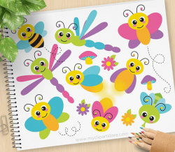 Flying Bugs Clipart, cute, Insects, bee, firefly, butterfly ...