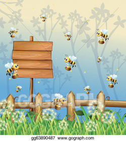 Clip Art Vector - Bees in the forest with an empty signboard. Stock ...