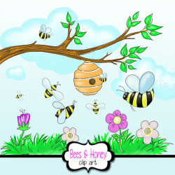Honey Bee Clipart with Beehive + Flowers+ tree Branch + Grass + ...