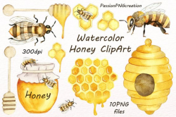 Watercolor Honey Clipart Watercolor bee clip art digital