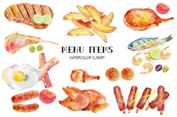 Watercolor menu items, meat, egg and garnish for restaurant menus ...