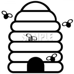 Black and White Bees At a Beehive Clipart Picture