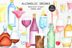 Watercolour alcoholic drinks clipart wine beer liquor