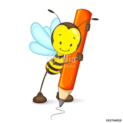 vector illustration of happy bee drawing with pencil