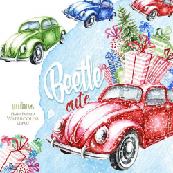 Christmas Retro Cars, Watercolor, VW Beetle clipart, volkswagen ...