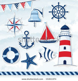 Nautical design elements: anchor, starfish, wheel, boat, fish, rope ...