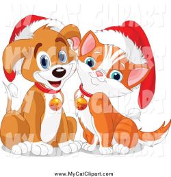 Clip Art of a Cute Puppy Dog and Kitten Wearing Santa Hats and Bells ...