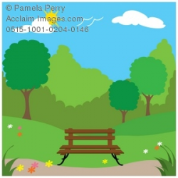 Clip Art Illustration of a Spingtime Park With a Bench and Trees