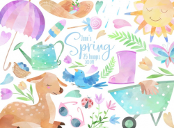 Watercolor Spring Clipart - Seasonal Download - Instant Download - Fawn -  Sun - Gardening - Umbrella - Flowers - Watercolor Clipart
