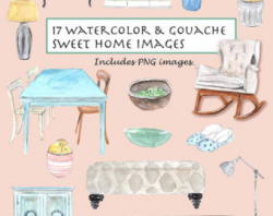 CLIP ART Watercolor & Gouache Vintage Furniture Set. 20