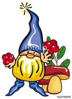 Cute gnome in long blue cap, mushrooms and forest berries. Funny ...