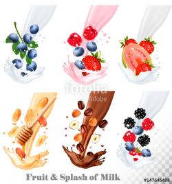 Set of different milk splashes with fruit, nuts and berries. Vector ...