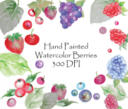 Hand painted Watercolor Berry Clip Art leaves strawberry blueberry ...