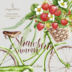 Strawberries watercolor, summer days, vintage bicycle, red berries ...
