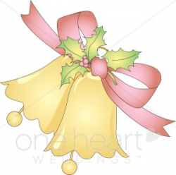 Two Golden Bells Tied with Pink Ribbon and Holly Leaves and Berries ...