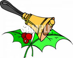 Hand Bell with Two Holly Leaves and Berries Clipart Picture