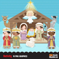 Nativity Clipart. Cute religious illustration, Bible graphics, baby Jesus,  Joseph and Mary, Angel, 3 kings, stable, holy, christian, animals
