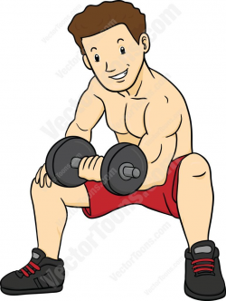 Muscular man in red shorts sitting and doing bicep curls ...