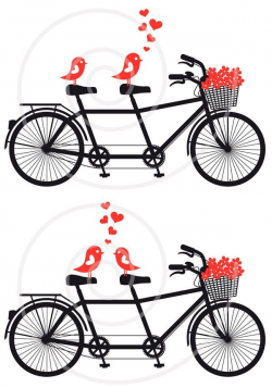 Tandem bicycle with cute love birds, wedding invitation, engagement ...