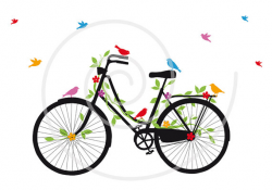 Vintage bicycle with birds, leaves and flowers, digital clip art ...
