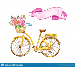 Yellow hand painted bicycle with basket and pink flowers ...