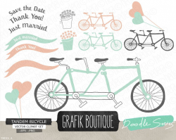 Tandem bicycle mint hand drawn vector clip art, wedding, flowers ...