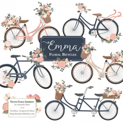 Emma Floral Bicycle Clipart & Vectors in Navy and Blush - navy bicycles,  flower bicycle clipart, floral wedding bicycle, tandem bicycle