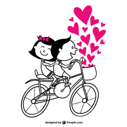 Romantic Couple Riding a Bicycle with Pink Heart Vector | Romantic ...