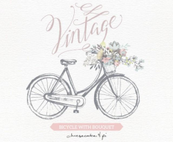 Vintage Bicycle With Floral Bouquet Clipart / Wedding Invitation ...