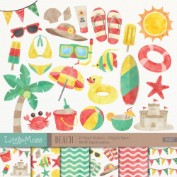 Beach Digital Clipart and Papers, Watercolor Beach Clipart, Summer ...