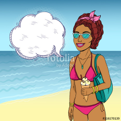 Slim african american woman in bikini with speech bubble on beach ...