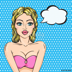Hot blonde pop art bikini woman on a beach with thought bubble for ...