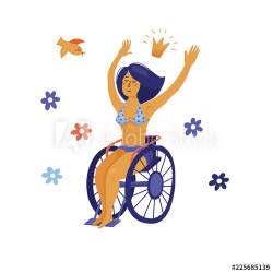 Happy yound woman in bikini sitting in wheelchair, waving ...