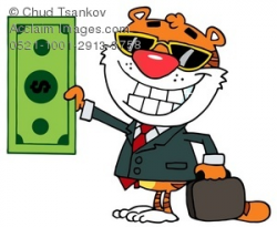 A Beaming Tiger Holding a Large Dollar Bill Clipart Illustration