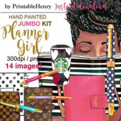 Messy bun fashion girl clipart planner African American graphics ...